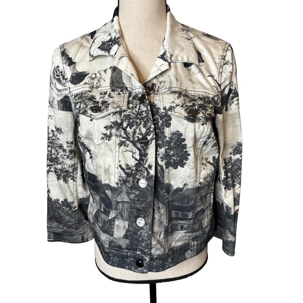 Per Se Toile De Jouy Landscape Print Denim Jacket Black White Size 8